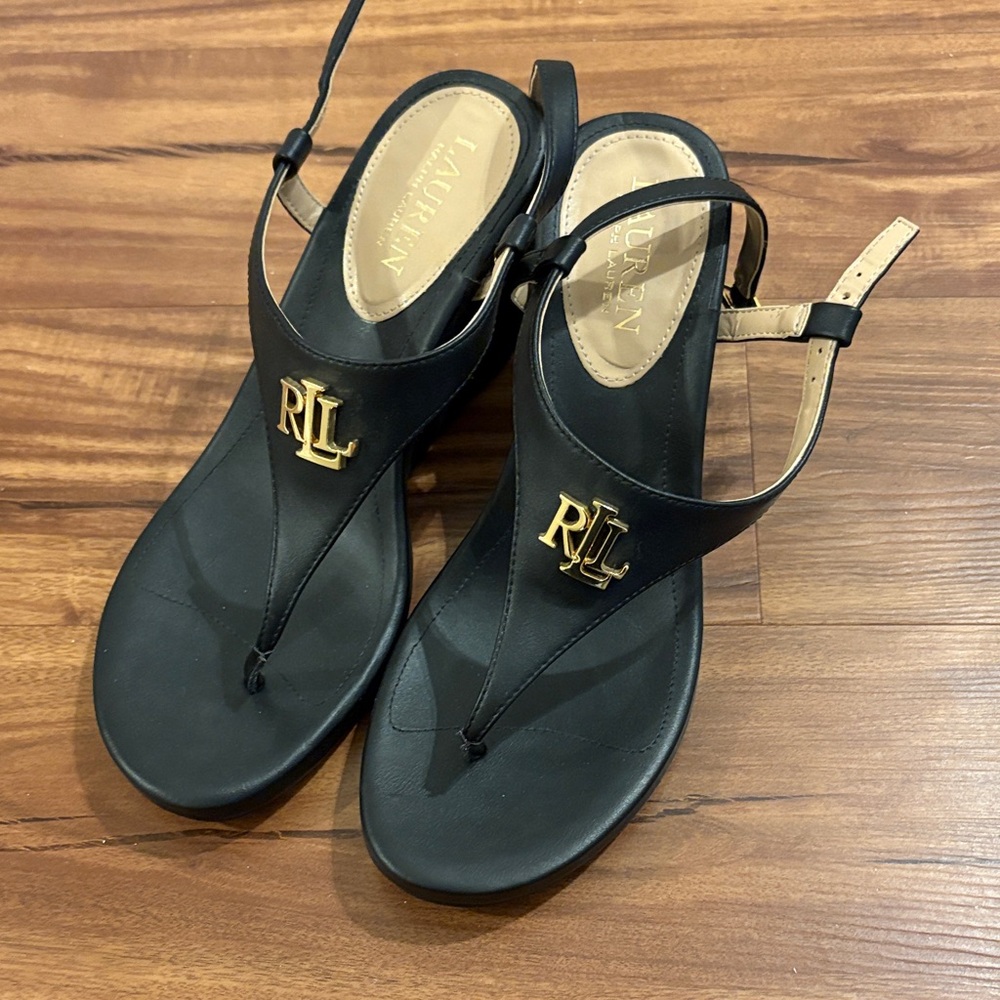 Lauren Ralph Lauren Black Sandals with Gold Logo